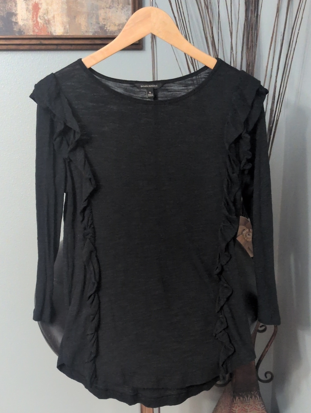 Banana Republic Black Ruffle-Trim Long Sleeve Tee